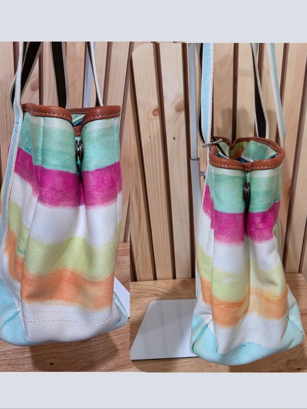 Coach Watercolor Pastel Stripe Canvas Leather Trim Hampton Tote Bag. - Picture 4 of 15